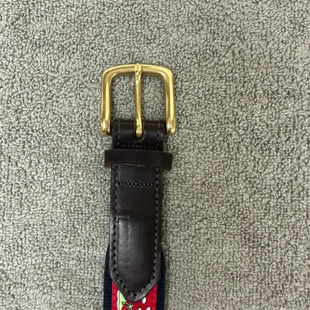 Vineyard Vines Mens 32 Canvas Club Belt Red Island Airplane Navy Leather Brass